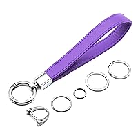 Car Key Fob Keychain Holder Genuine Leather Wristlet Loop Key Chain Circle Carabiner Clip for Men and Women with Anti-lost D Ring, Screwdriver, 4 Key Rings, 360 Degree Rotatable, Purple