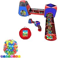 Playz 4pc Pop Up Play Tent and Tunnel with 50 Multicolor Pit Balls - Indoor & Outdoor Playhouse with Storage Bag, Red & Blue