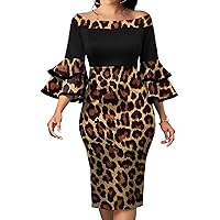 VisiChenup Sexy Classy Dress for Women Short Ruffles Sleeve Off Shoulder African Dresses Outfits Clubwear with Zipper Black Leopard
