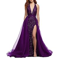 Women's Halter Sequins Long Prom Party Dress Mermaid Formal Evening Gown with Detachable Train