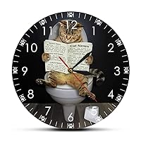 Kitten Cat on Toilet with Newspaper Bedroom Silent Wall Clock Funny Bathroom Wall Art Decorative Wall Watch Gift for Cat Owners