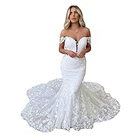 Off The Shoulder Lace Beaded Beach Mermaid Wedding Dresses for Bride with Long Train Bridal Ball Gowns