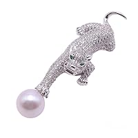 JYX Pearl Silver Leopard Brooch 13.5mm White Freshwater Cultured Pearl Brooches Pins for Women