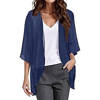 Kimono Cardigans for Women Dressy 3/4 Sleeve Chiffon Open Front Cardigan Solid Sheer Beach Vacation Cover Up Tops 2024