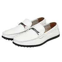 Men's Genuine Leather Shoes Flat Comfortable Loafers Striped Decoration (White 1, Numeric_7_Point_5)