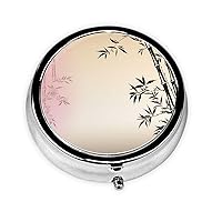 Bamboo and Sakura Tree Zen Print Pill Box 3 Compartments Round Pill Organizer Metal Waterproof Portable Pill Case for Pocket or Purse Vitamin/Fish Oil/Pills/Supplements