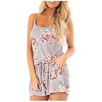 Women's Tropical Cami Rompers Floral Print Jumpsuits Sleeveless Summer Outfits Sexy Spaghetti Romper Pocket Shorts