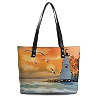 Womens Handbag Seagull Lighthouse Leather Tote Bag Top Handle Satchel Bags For Lady