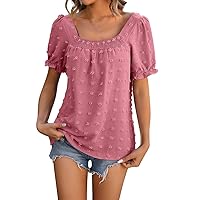 Women's Casual Summer Short Sleeve Top 2024 Pleated Square Neck Cute Blouse Top