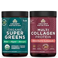 Ancient Nutrition Organic Supergreens Powder, Greens Flavor, 25 Servings + Multi Collagen Protein Powder, Strawberry Lemonade, 24 Servings