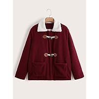 Women for Jackets - Plus Horn Button Dual Pocket Contrast Collar Teddy Jacket (Color : Red, Size : X-Large)