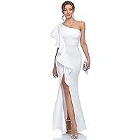 Women's One Shoulder Mermaid Formal Evening Dress Ruffled Split Satin Cocktail Dress White