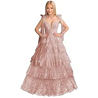 Embroidery Lace Tulle Tiered Prom Dresses 2024 Ball Gown Sweetheart Wedding Dresses with Bow Strap