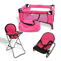Pink Baby Doll Accessories Set - 3 in 1 Baby Doll Furniture Set with Baby Doll High Chair, Baby Doll Crib, Baby Doll Bouncer Seat, Baby Doll Bed Set for 18” Doll - Play Baby Doll Toys for 18