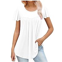 Womens Hide Belly Tunic Tops Short Sleeve Plus Size Loose Fit Tunics Dressy Solid Color Casual Swing Flare Top for Leggings