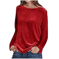 Casual Velvet Top for Women Soft Vintage T Shirts Crew Neck Long Sleeve Pullover T-Shirt Solid Color Blouses