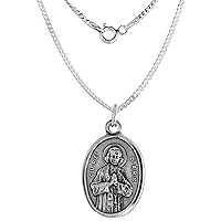 Sterling Silver St John Vianney Medal Necklace Oxidized finish Oval 1.8mm Chain