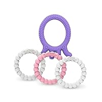 Dr. Brown's Flexees Friends Silicone Teether Purple Octopus Dr. Brown’s Flexees Beaded Teether Rings,100% Silicone,Soft & Easy to Hold,Encourages Self-Soothe,3 Pack, Pink, White, BPA Free 3m+