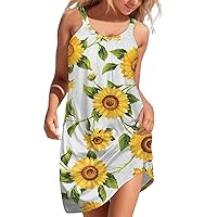 Sun Dresses Women Sleeveless Beach Sundress Swing Casual Tank Tshirt Dress Boho Floral Print with Pockets