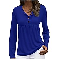 Women's Fashion 2023 Spring and Summer Button-Down V Neck Solid Color Mid Sleeve Loose T Shirt Tops, S-2XL