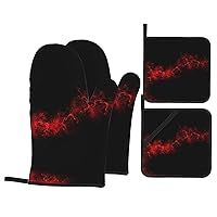 Explosion Burst Red Black Oven Mitts and Pot Holders4 Pcs Set Heat Resistant Microwave Gloves Baking Cooking