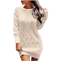 Women's V Neck Cable Knit Sweater Dress Long Sleeve Sexy Pullover Sweater Slim Fit Knitted Bodycon Mini Dresses