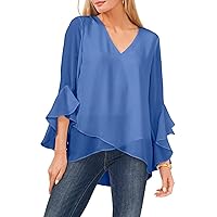 Vince Camuto Womens Blue Gathered Unlined Sheer Asymmetrical Step Hem Flutter Sleeve V Neck Tunic Top XS