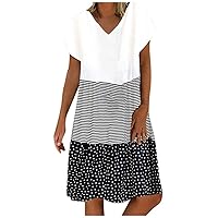Casual Dresses for Women, V Neck Short Sleeve Dress Stripe Dot Patchwork Print Boho Ruffle Flowy Midi Dresses Womens Petite Summer Dress Women Casual with Sleeves Dresses (XXL, Black)