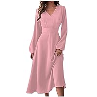 Long Sleeve Maxi Dress for Women V Neck Lantern Sleeve Elastic Waist A-line Maxi Plain Spring Dress