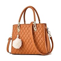 Handbag for Women PU Leather Purse Top Handle Quilted Shoulder Bag Tote Satchel for Ladies with Pompon