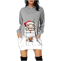 Women's Long Sleeve Tunic Mini Dress Casual Loose Fit Flowy Comfy Shift Dresses Trendy Santa Claus Print Hooded Dress