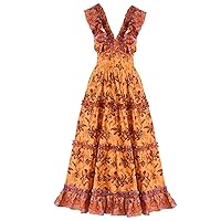 Love The Label Azalea Women's Orange Floral Ruffle Trim Midi Dress