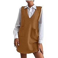 Women's Sleeveless Woolen Suspenders Dresses Spring Fall Casual V Neck Solid Pullover Tunic Dress with Pockets