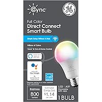 GE Lighting CYNC Smart Full Color A19 LED Light Bulb, 60W Replacement, Bluetooth/Wi-Fi Enabled, Alexa + Google Home Compatible Without Hub, 1-Pack (Packaging May Vary)
