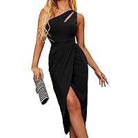 Zalalus Women's Sexy One Shoulder Bodycon Formal Dress 2023 Summer Cutout Ruched Slit Wrap Cocktail Party Midi Dresses