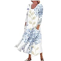 Plus Size Dresses for Curvy Women,2024 Summer 3/4 Sleeve Beach Sun Dress Women's Casual Floral Print Three Quarter Sleeves