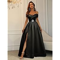Women's Casual Dresses Off Shoulder Boxy Pleated Split Thigh Prom Dress Charming Mystery Special Beautiful (Color : Black, Size : Medium)