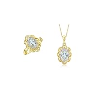 Matching Set Yellow Gold Plated Silver Floral Pattern Halo Pendant Necklace & Ring. Gemstone & Diamonds, 18