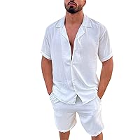 Mens Summer Linen 2 Pice Cotton Linen Set Short Sleeve Cuban Neck Shirt and Casual Beach Shorts Classic Resort Wear for Men
