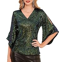 GRACE KARIN Womens Sequin Tops 3/4 Sleeve Glitter Sparkly Party Blouse V-Neck Dressy Tops for Evening Party