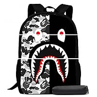 AKMASK 17inch Shark Backpack Red Camouflage 3D Print Laptop Backpack Lightweight Casual Daypack Bookbag