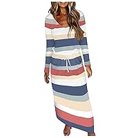 Linen Dress Women,Women Stripe Print Dress V-Neck Long Sleeve Loose Casual Pocket Dress Casual Comfy Dresses fo