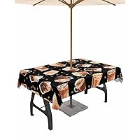 Coffee Cup Coffee Bean Outdoor Indoor Table Cloth Rectangle Table 54x80, Vintage Brown Black Cafe Theme Washable Waterproof Tablecloth with Umbrella Hole Zipper for Parties Pool Patio Coffee
