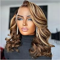 Highlight Brown With Honey Blonde Body Wave Bob Human Hair Wig 13X6 HD Invisible Lace Frontal Human Hair Wig with Invisible Bleached Knots for Woman #4/27 Ombre Colored Short Bob Wig Pre Plucked