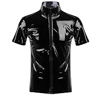 Unisex Men Women PVC Leather Stand Collar Short Sleeves Front Zipper T-Shirt Tops Clubwear