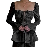 Womens Long Sleeve Renaissance Pirate Shirt Blouse Gothic Lolita Boho Croset Tops Bell Sleeve Steampunk Peasant Shirts