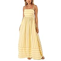 Women Summer Striped Maxi Dress Sleeveless Cutout Backless Long Flowy Dress Spaghetti Strap Boho Beach Sun Dress