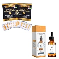 Eye Care Bundle, 24K Gold Under Eye Patches for Puffy Eyes & Dark Circles plus Vitamin C Serum Dark Spot remover for Face 44 Pairs, Full-size Serum
