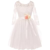Elegant Rose Floral Lace Illusion Top Satin Belt Flower Girl Dress Size 4-14