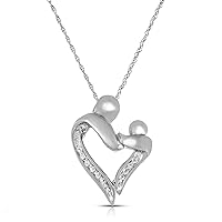 Mother and Child/Daugther Diamond Accent Heart Pendant Charm Necklace in 10k SOLID White Gold with 18 inch Chain